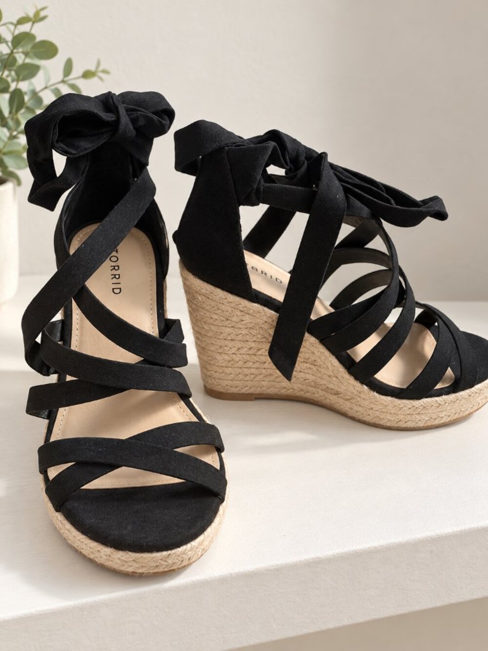 Torrid Women’s 9.5 WW Black Espadrille Wedge Sandals Ankle Tie New